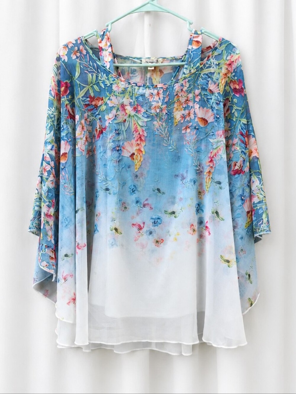 ONE WORLD Sheer Chiffon Tunic Ombre Sky Blue Watercolor Floral Top M Batwing